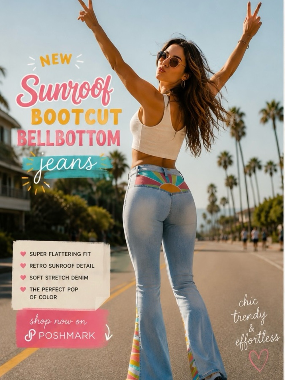 Boutique Sunburst Bell Bottom Jeans | High Rise Stretch Flare Denim | Boho Festi